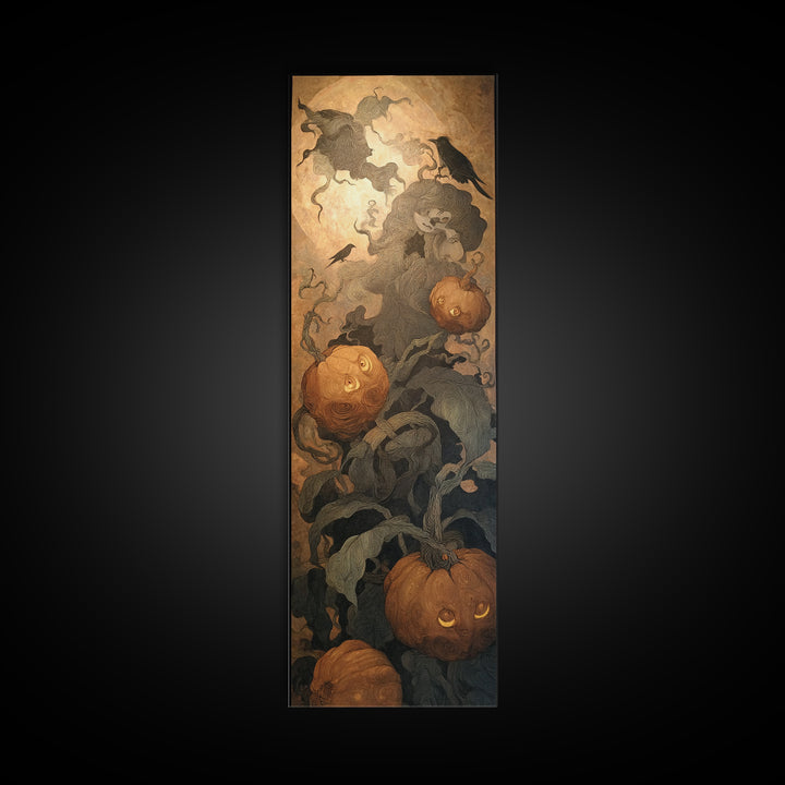The Pumpkin Patch Maze, Symbolist Dream Art, Tall Narrow Wall Art, Dark Fantasy Wall Art, Canvas Print, Halloween Wall Art