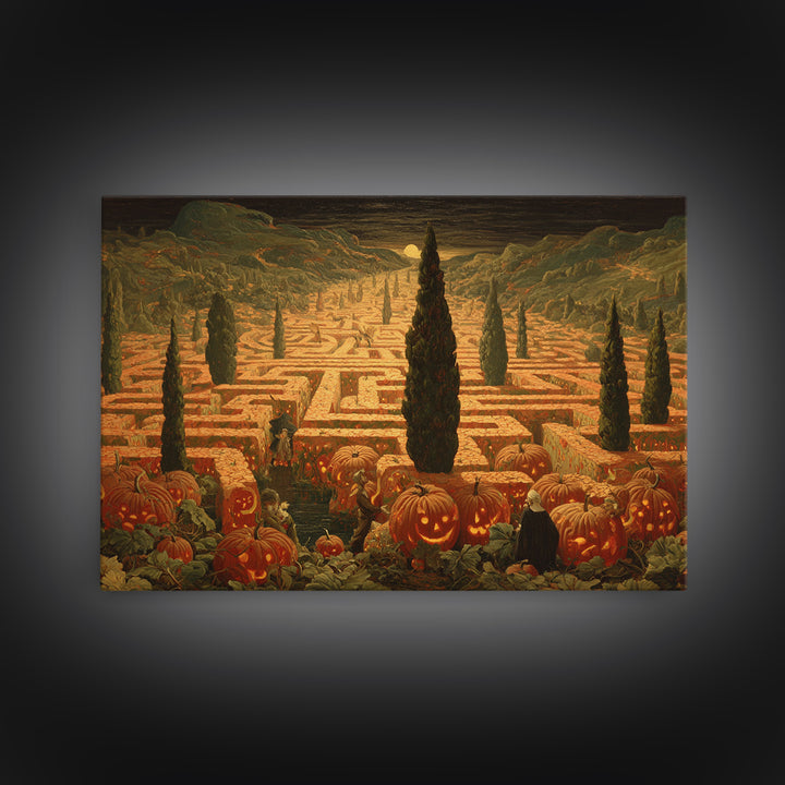 The Pumpkin Patch Maze, Symbolist Gothic Landscape, Landscape Wall Art, Dark Halloween Decor, Framed Canvas Print, Halloween Wall Art