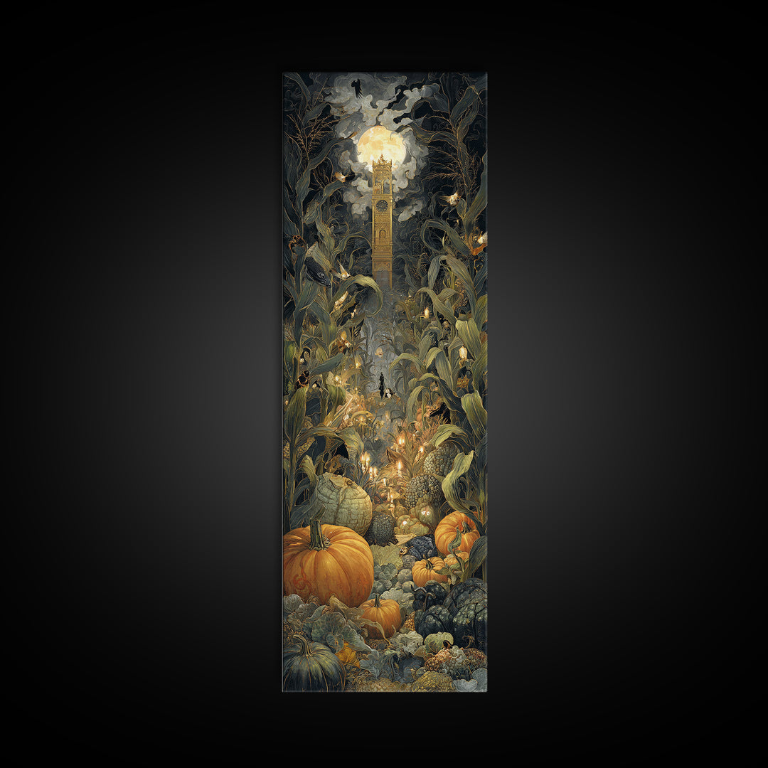 The Pumpkin Patch Maze, Ornate Symbolist Art, Tall Narrow Wall Art, Dark Halloween Decor, Canvas Print, Halloween Wall Art