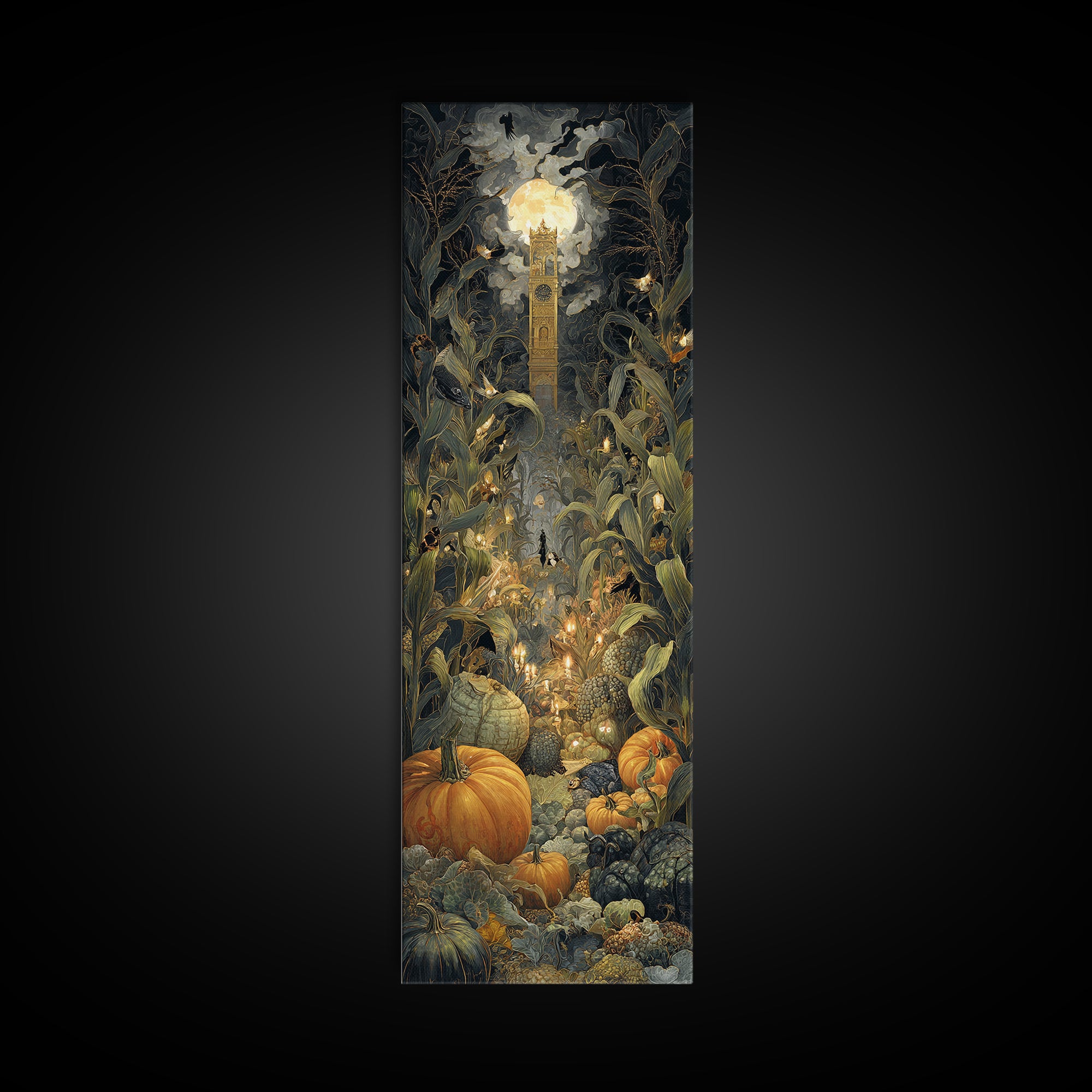 The Pumpkin Patch Maze, Ornate Symbolist Art, Tall Narrow Wall Art, Dark Halloween Decor, Canvas Print, Halloween Wall Art