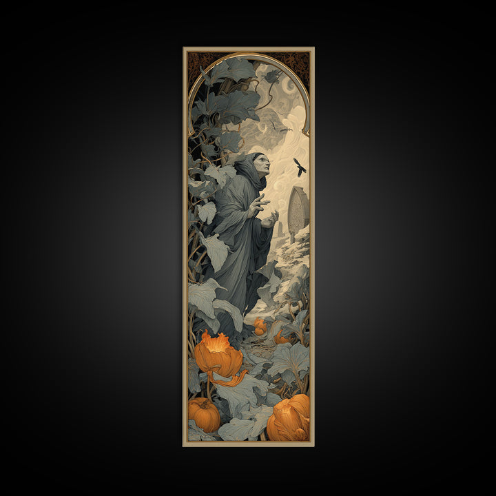The Pumpkin Patch Maze, Symbolist Death Art, Tall Narrow Wall Art, Dark Fantasy Wall Art, Canvas Print, Halloween Wall Art