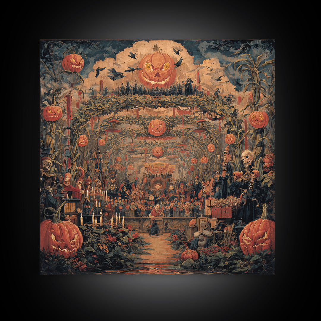 The Pumpkin Patch Maze, Grotesque Carnival Art, Square Wall Art, Dark Halloween Decor, Canvas Print, Halloween Wall Art, Macabre Wall Art