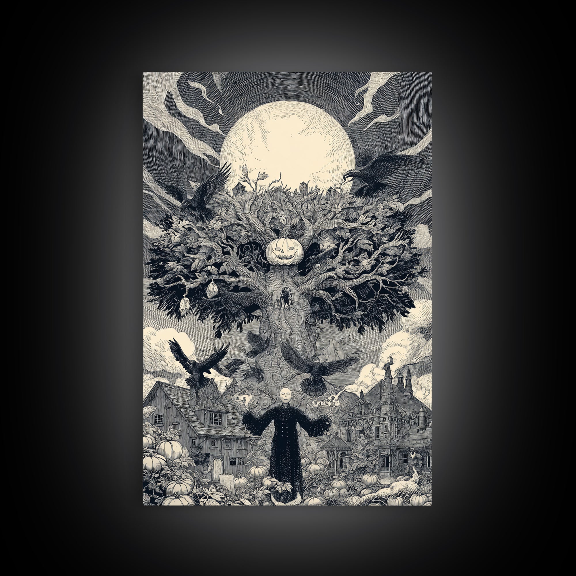 The Pumpkin Patch Maze, Victorian Macabre Art, Vertical Wall Art, Dark Halloween Decor, Framed Canvas Print, Halloween Wall Art