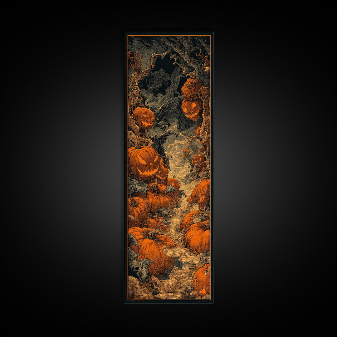 The Pumpkin Patch Maze, Biomechanical Horror Art, Tall Narrow Wall Art, Dark Halloween Decor, Framed Canvas Print, Halloween Wall Art