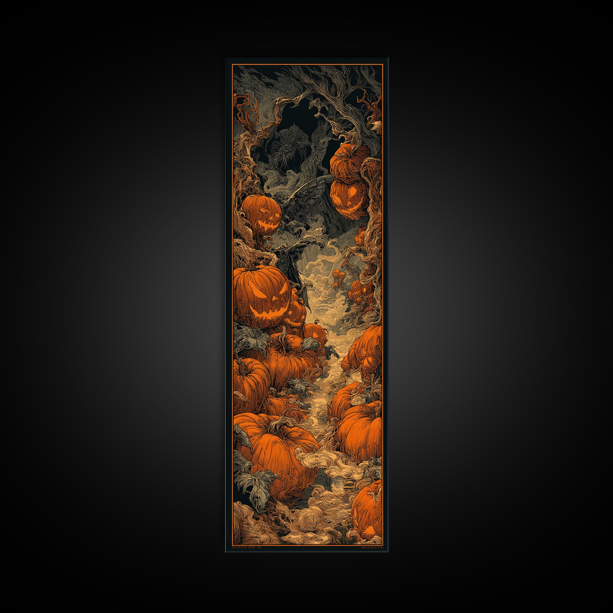 The Pumpkin Patch Maze, Biomechanical Horror Art, Tall Narrow Wall Art, Dark Halloween Decor, Framed Canvas Print, Halloween Wall Art