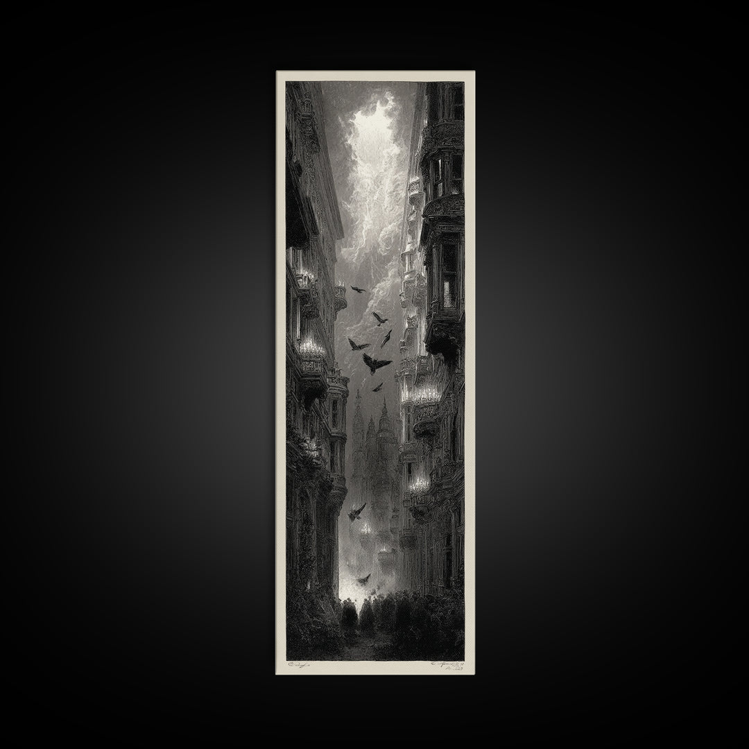 The Haunted Hotel, Gothic Engraving Art, Tall Narrow Wall Art, Dark Halloween Decor, Canvas Print, Halloween Wall Art, Macabre Wall Art