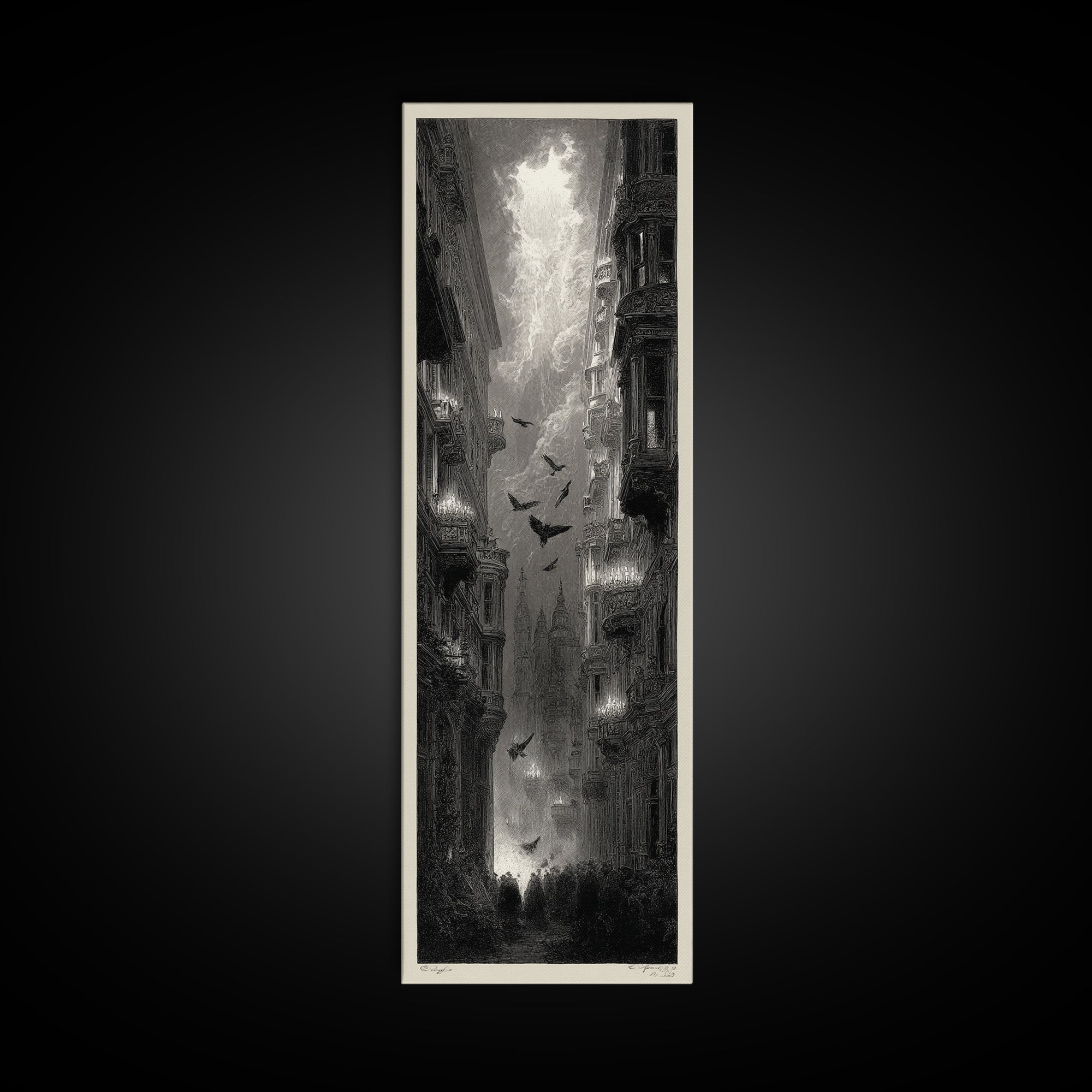 The Haunted Hotel, Gothic Engraving Art, Tall Narrow Wall Art, Dark Halloween Decor, Canvas Print, Halloween Wall Art, Macabre Wall Art
