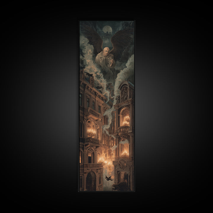 The Haunted Hotel, Visionary Gothic Art, Tall Narrow Wall Art, Dark Halloween Decor, Framed Canvas Print, Halloween Wall Art