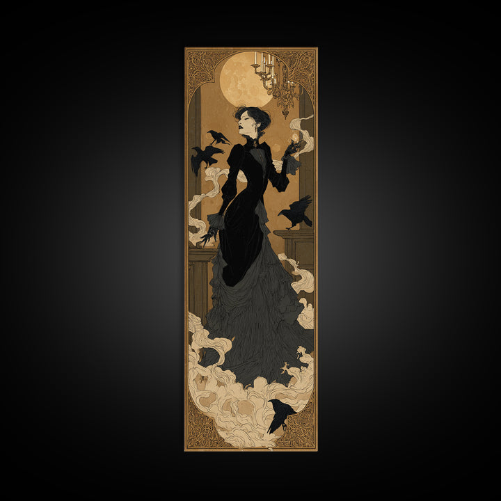 The Haunted Hotel, Decadent Line Art, Tall Narrow Wall Art, Dark Fantasy Wall Art, Framed Canvas Print, Halloween Wall Art