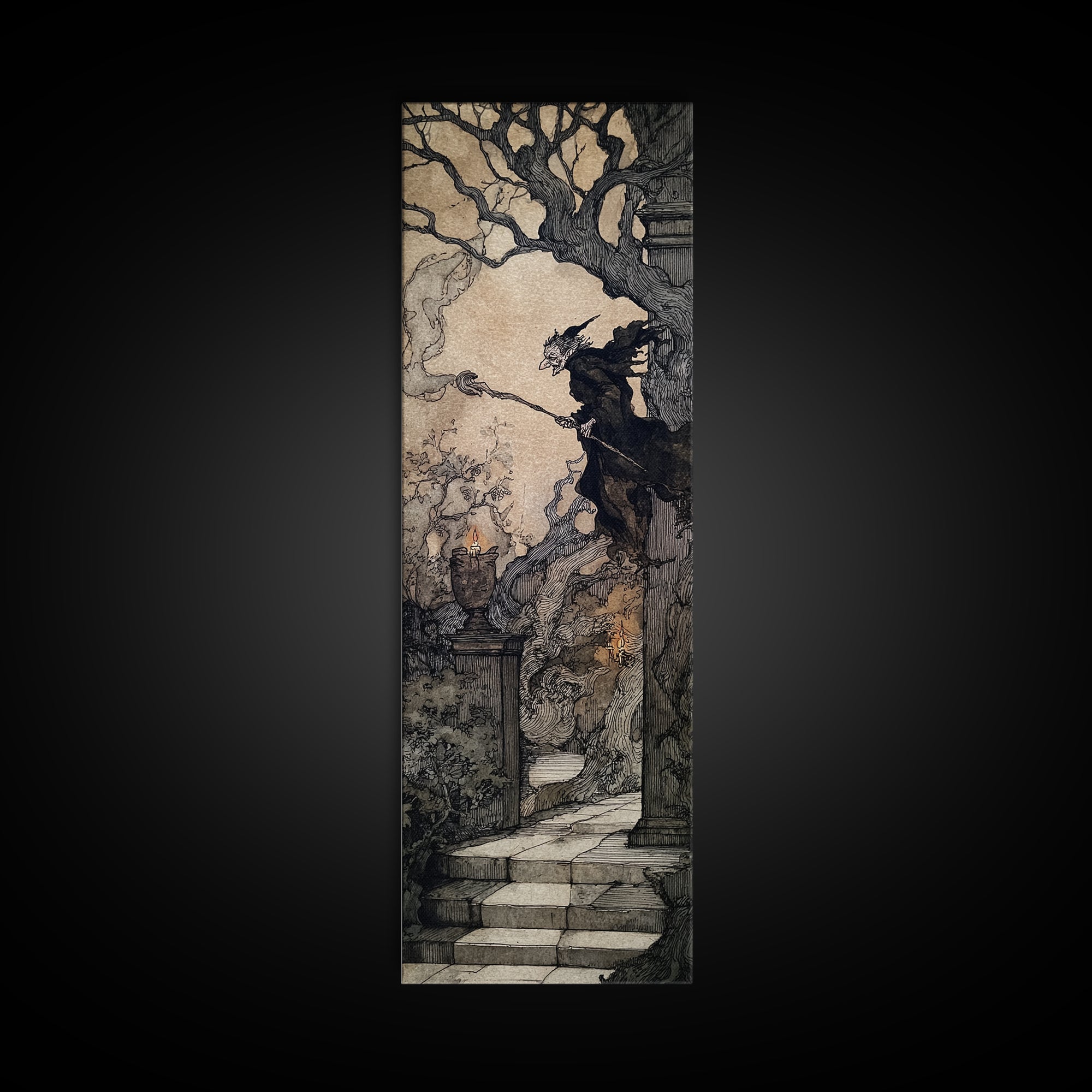 The Haunted Hotel, Gothic Storybook Art, Tall Narrow Wall Art, Gothic Horror Wall Art, Framed Canvas Print, Halloween Wall Art