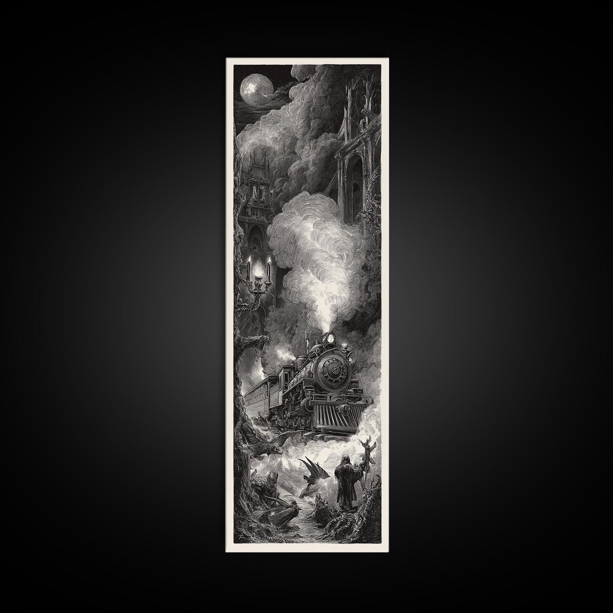 The Abandoned Train Station, Gothic Engraving Art, Tall Narrow Wall Art, Dark Halloween Decor, Canvas Print, Halloween Wall Art