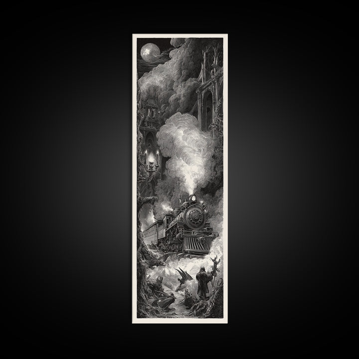 The Abandoned Train Station, Gothic Engraving Art, Tall Narrow Wall Art, Dark Halloween Decor, Canvas Print, Halloween Wall Art