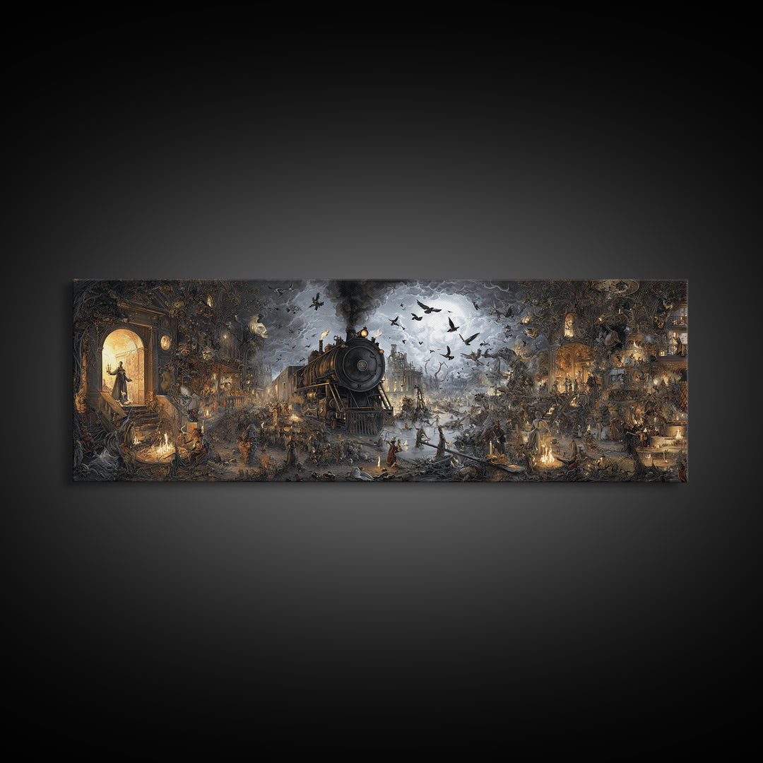 The Abandoned Train Station, Medieval Grotesque Art, Extra Wide Wall Art, Dark Halloween Decor, Canvas Print, Halloween Wall Art