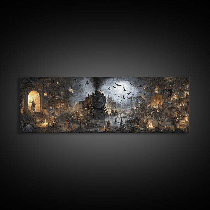 The Abandoned Train Station, Medieval Grotesque Art, Extra Wide Wall Art, Dark Halloween Decor, Canvas Print, Halloween Wall Art