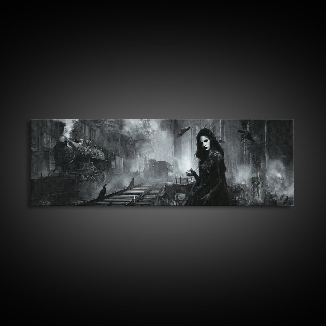 The Abandoned Train Station, Renaissance Engraving Art, Extra Wide Wall Art, Dark Halloween Decor, Canvas Print, Halloween Wall Art