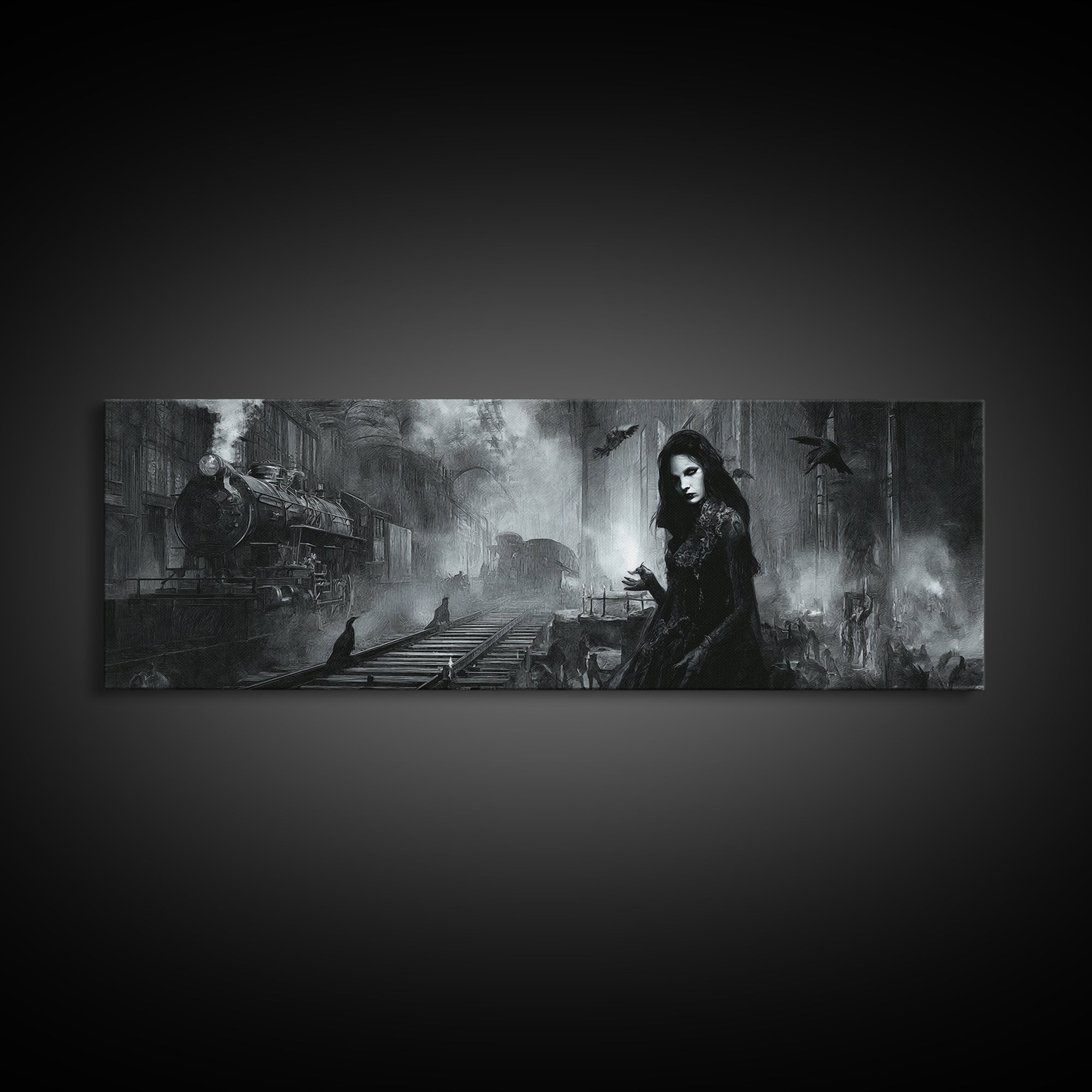 The Abandoned Train Station, Renaissance Engraving Art, Extra Wide Wall Art, Dark Halloween Decor, Canvas Print, Halloween Wall Art