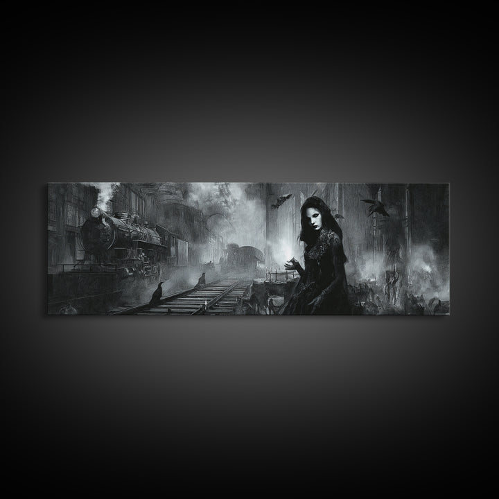 The Abandoned Train Station, Renaissance Engraving Art, Extra Wide Wall Art, Dark Halloween Decor, Canvas Print, Halloween Wall Art