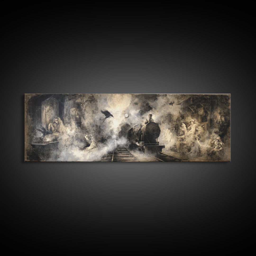 The Abandoned Train Station, Dark Romantic Horror Art, Extra Wide Wall Art, Macabre Wall Art, Canvas Print, Halloween Wall Art