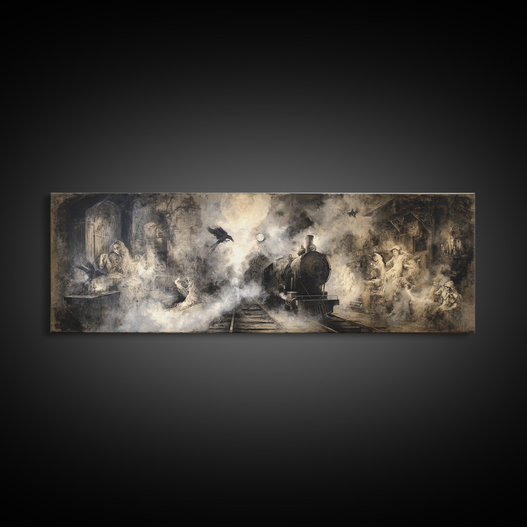The Abandoned Train Station, Dark Romantic Horror Art, Extra Wide Wall Art, Macabre Wall Art, Canvas Print, Halloween Wall Art