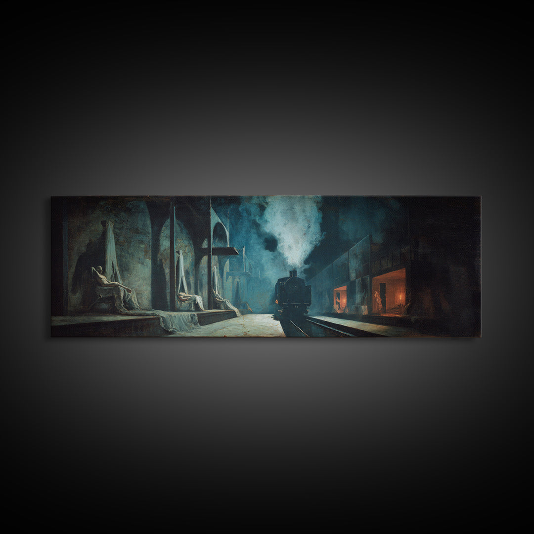 The Abandoned Train Station, Gothic Nightmare Art, Extra Wide Wall Art, Dark Halloween Decor, Canvas Print, Halloween Wall Art