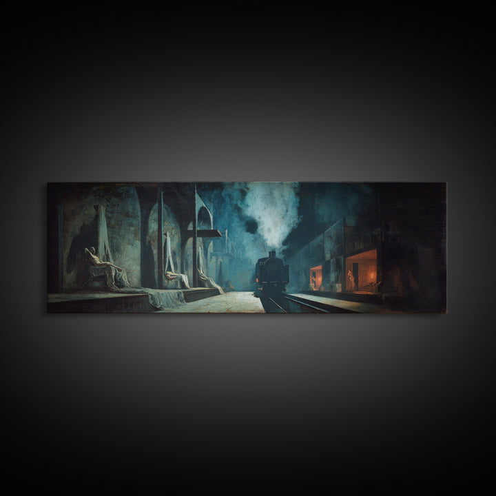 The Abandoned Train Station, Gothic Nightmare Art, Extra Wide Wall Art, Dark Halloween Decor, Canvas Print, Halloween Wall Art