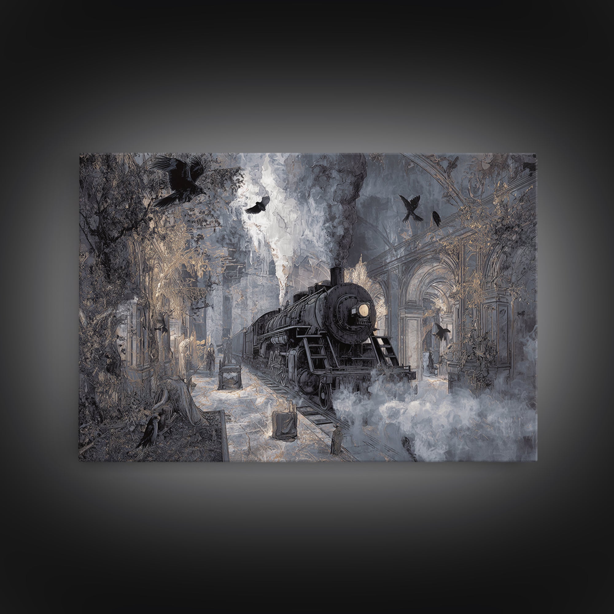 The Abandoned Train Station, Visionary Gothic Art, Landscape Wall Art, Macabre Wall Art, Canvas Print, Halloween Wall Art