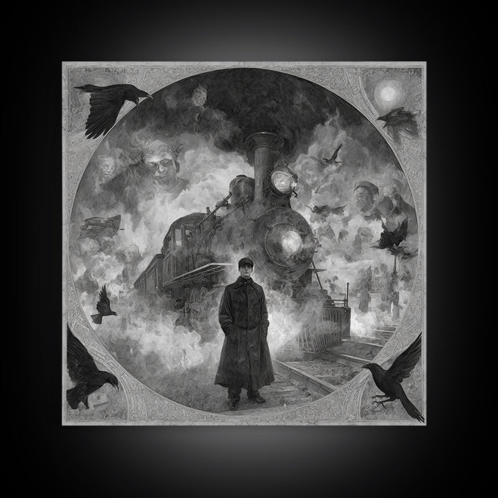 The Abandoned Train Station, Symbolist Dream Art, Square Wall Art, Gothic Horror Wall Art, Canvas Print, Halloween Wall Art