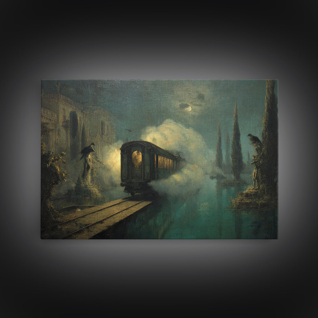 The Abandoned Train Station, Symbolist Gothic Landscape, Landscape Wall Art, Dark Halloween Decor, Framed Canvas Print, Halloween Wall Art