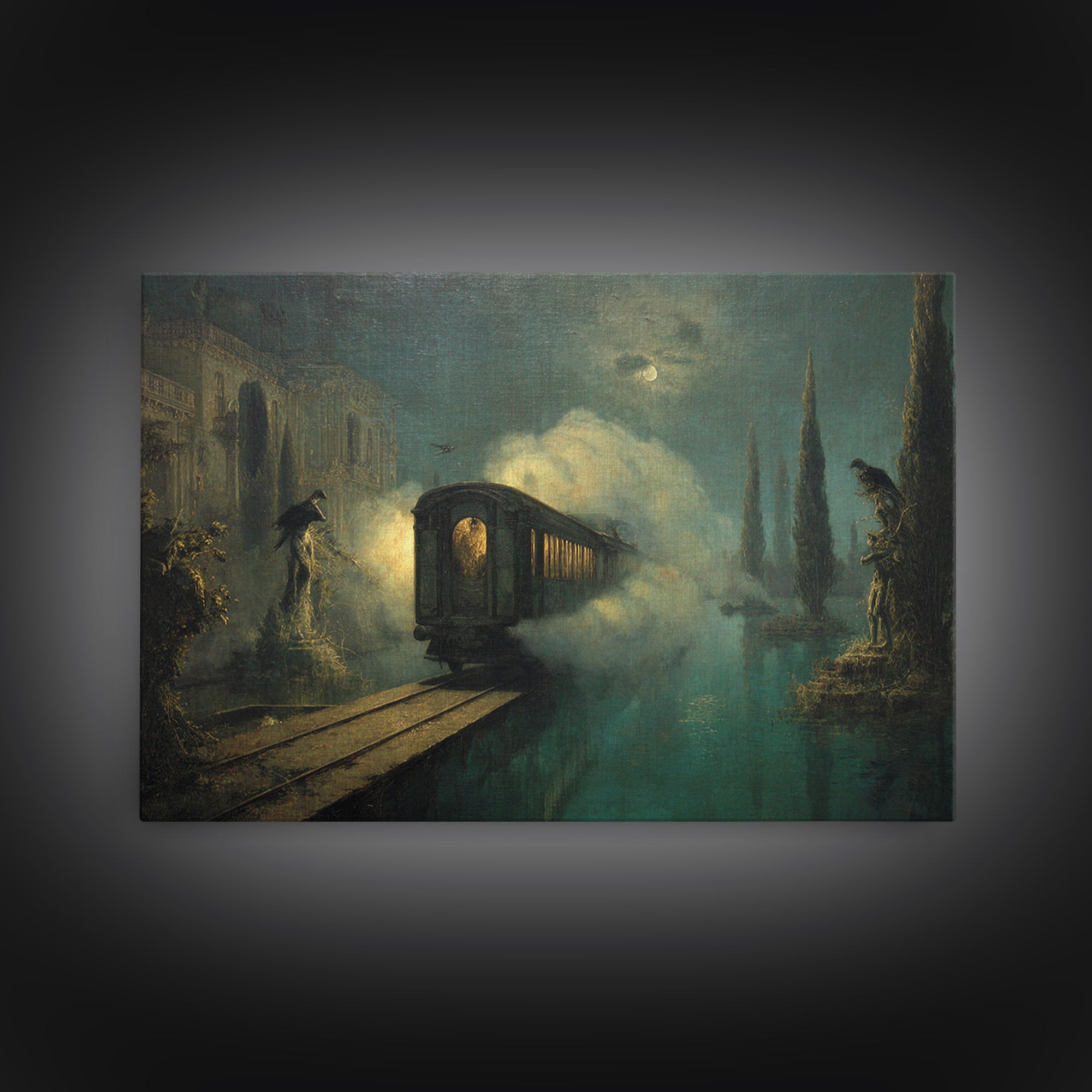 The Abandoned Train Station, Symbolist Gothic Landscape, Landscape Wall Art, Dark Halloween Decor, Framed Canvas Print, Halloween Wall Art