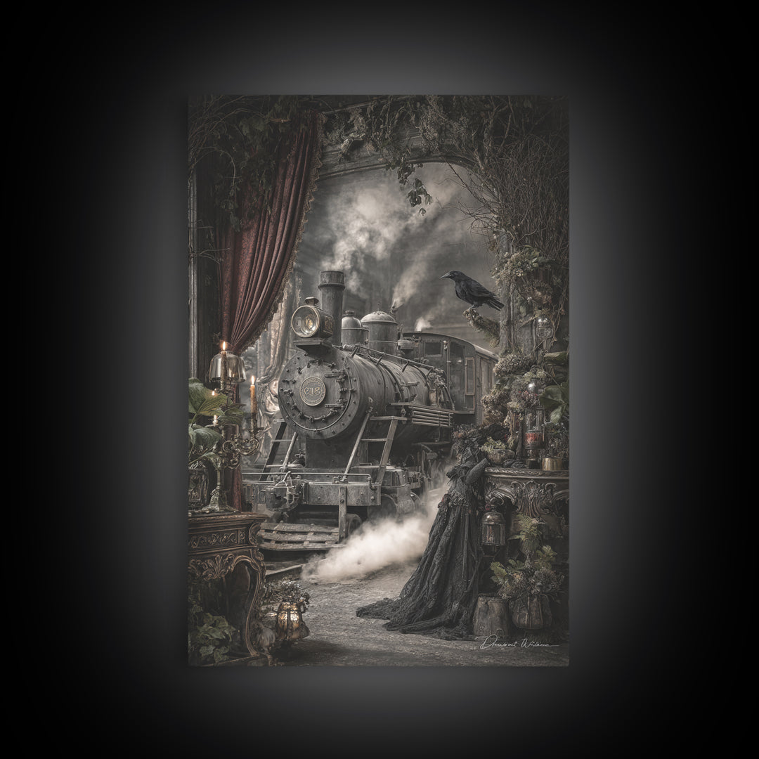 The Abandoned Train Station, Ornate Symbolist Art, Vertical Wall Art, Macabre Wall Art, Canvas Print, Halloween Wall Art