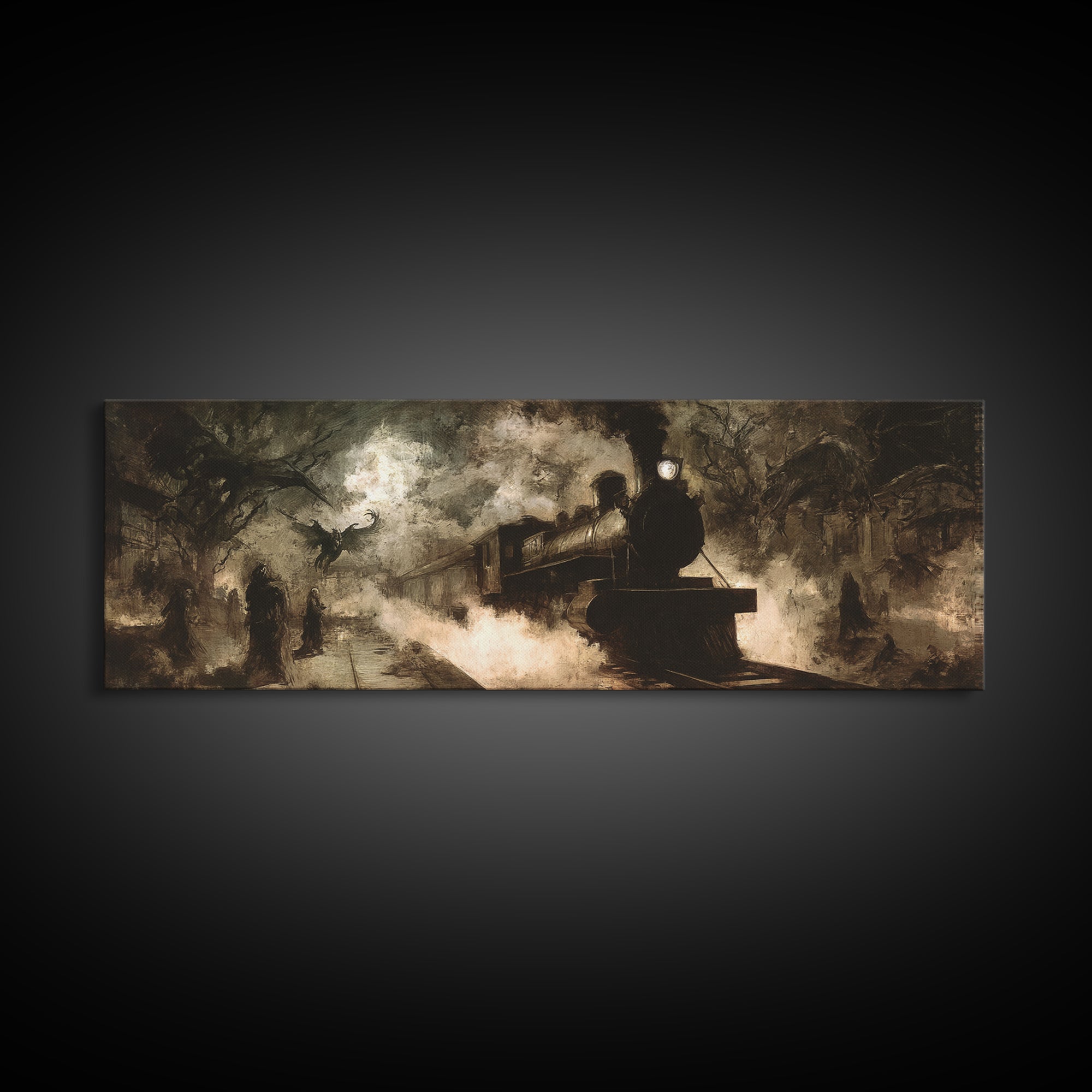 The Abandoned Train Station, Dark Symbolist Art, Extra Wide Wall Art, Macabre Wall Art, Framed Canvas Print, Halloween Wall Art