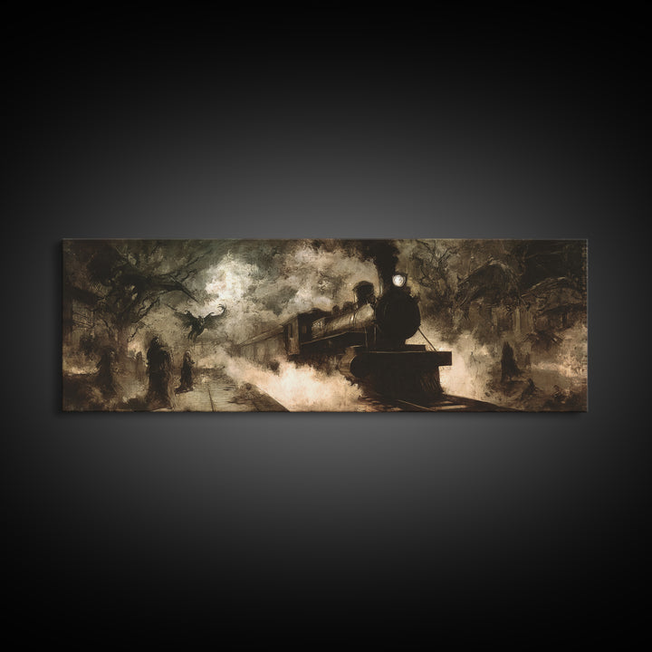 The Abandoned Train Station, Dark Symbolist Art, Extra Wide Wall Art, Macabre Wall Art, Framed Canvas Print, Halloween Wall Art