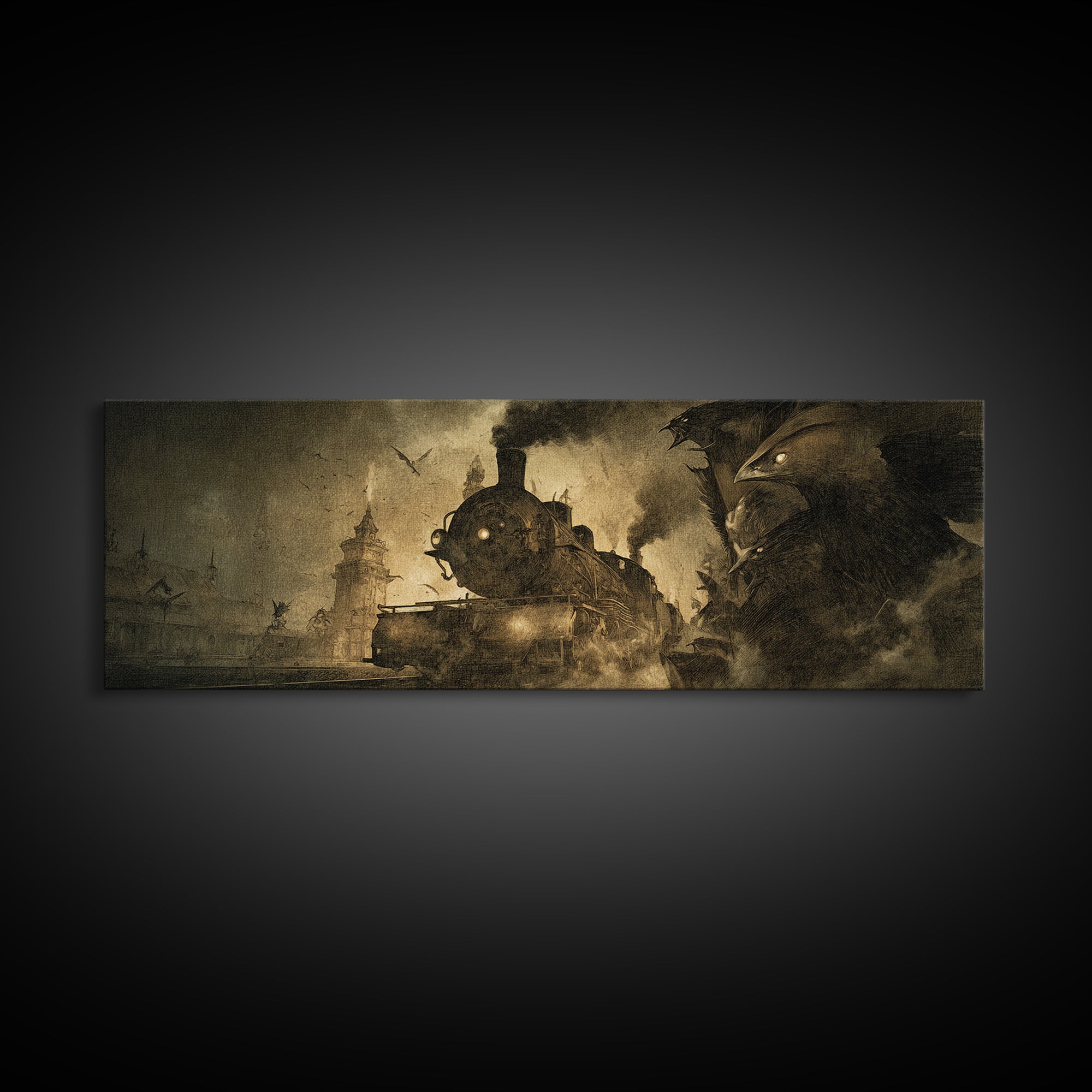 The Abandoned Train Station, Expressionist Nightmare Art, Extra Wide Wall Art, Gothic Horror Wall Art, Framed Canvas Print