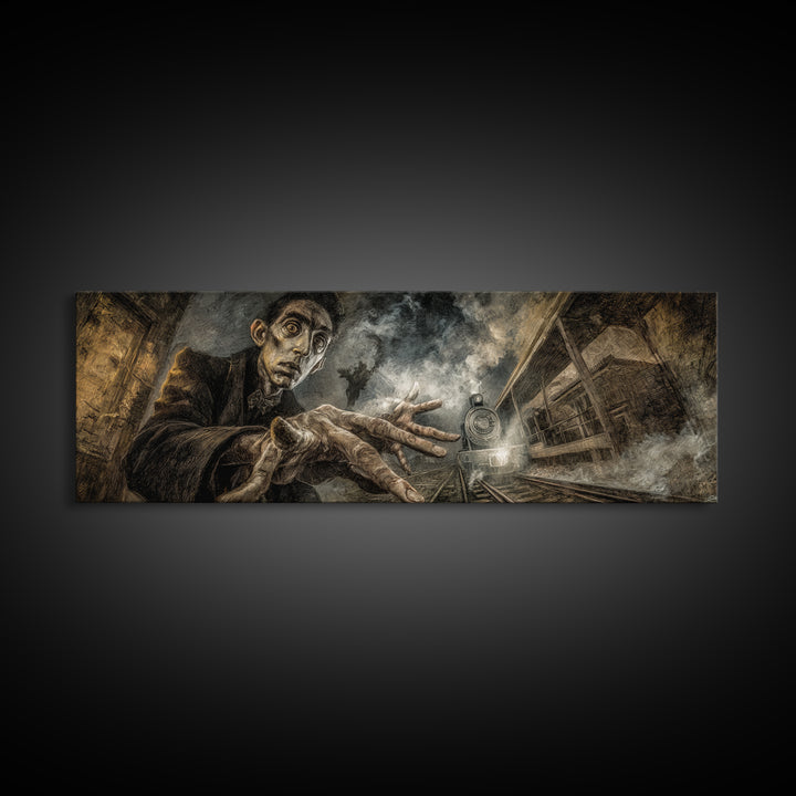 The Abandoned Train Station, Expressionist Gothic Art, Extra Wide Wall Art, Macabre Wall Art, Framed Canvas Print, Halloween Wall Art