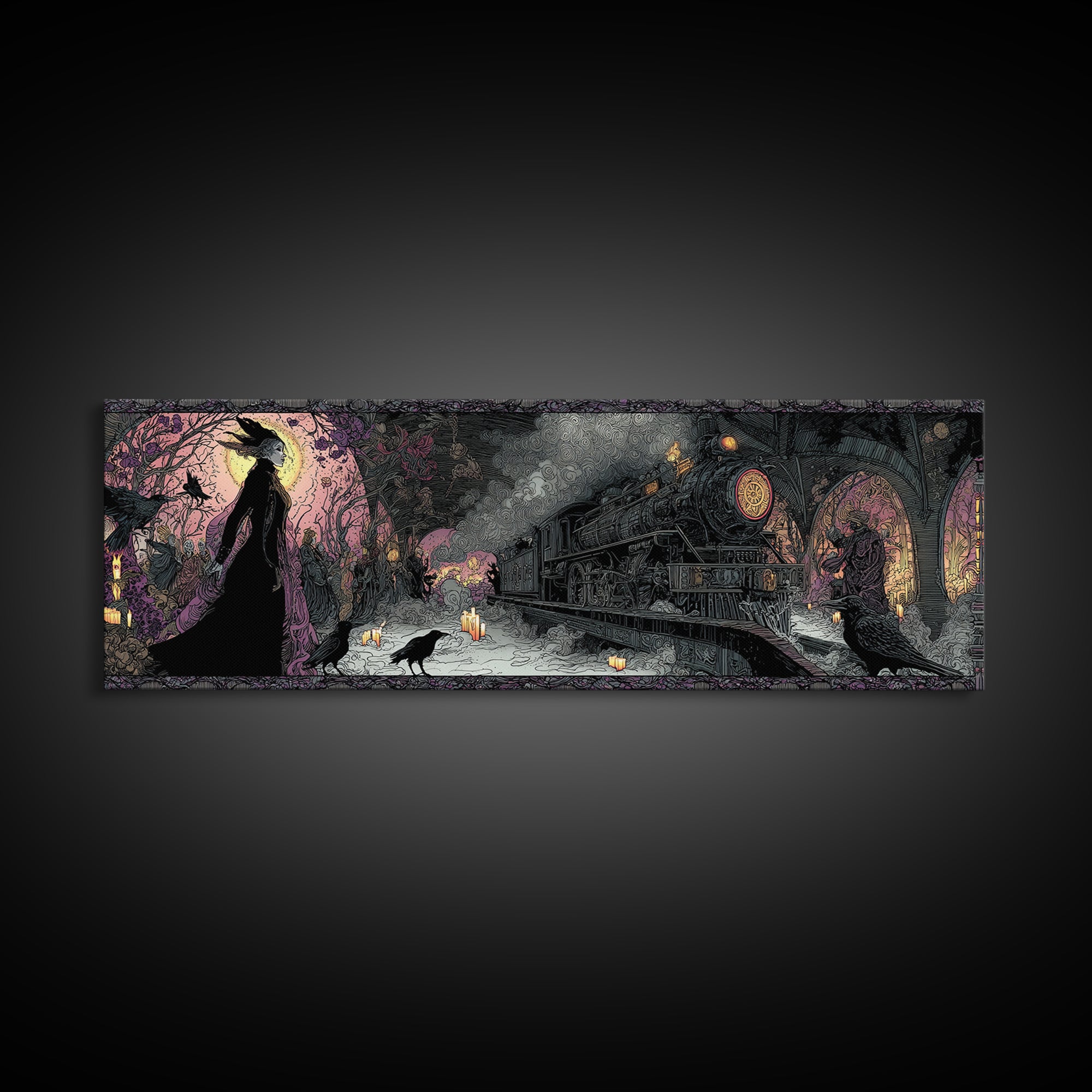 The Abandoned Train Station, Stained Glass Gothic Art, Extra Wide Wall Art, Dark Fantasy Wall Art, Canvas Print, Halloween Wall Art