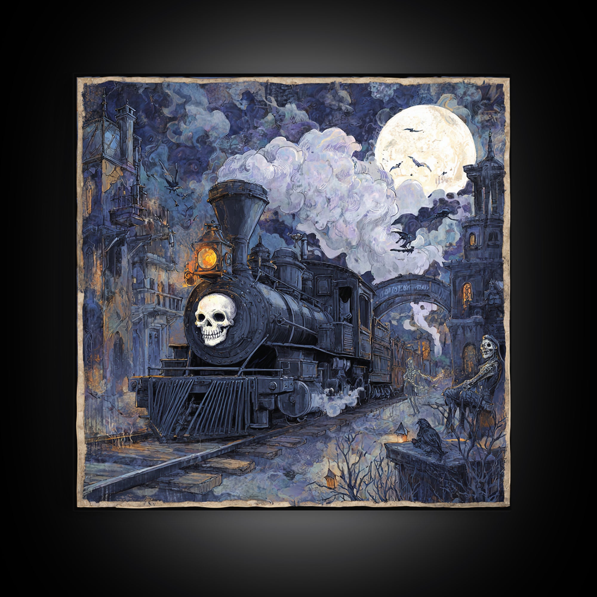 The Abandoned Train Station, Macabre Folk Print Art, Square Wall Art, Dark Halloween Decor, Canvas Print, Halloween Wall Art