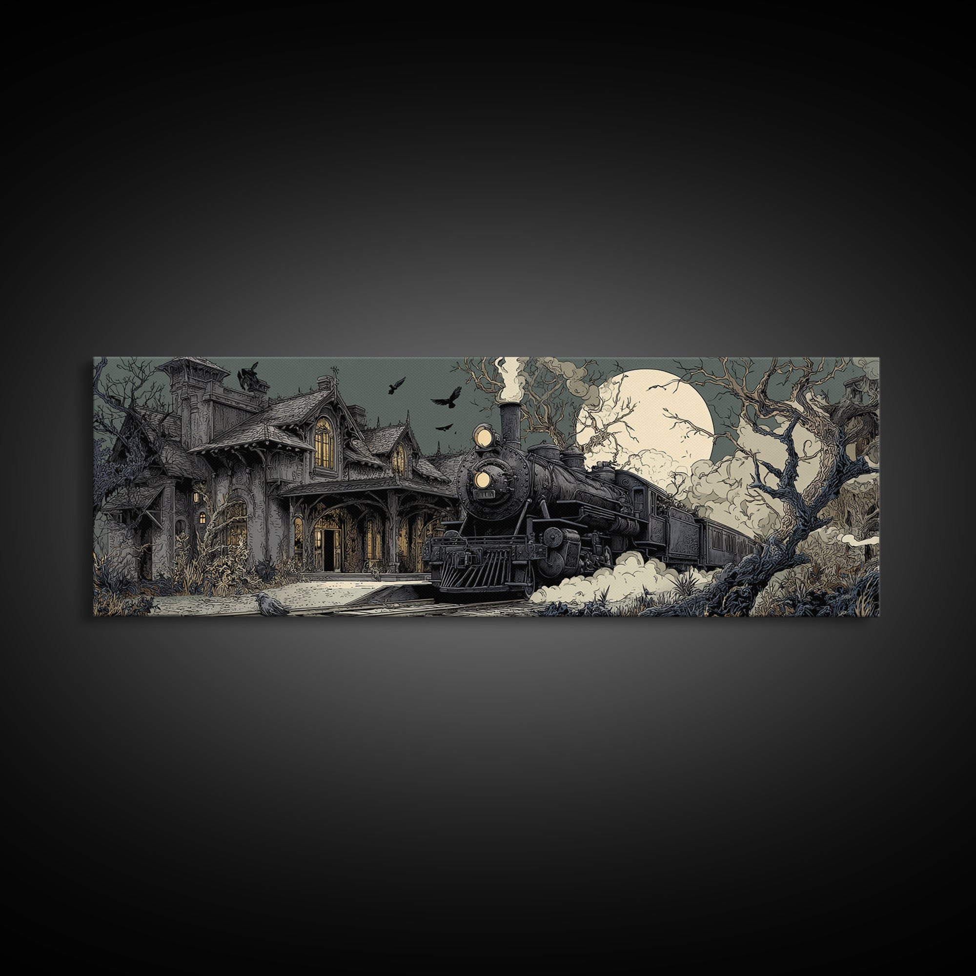 The Abandoned Train Station, Victorian Macabre Art, Extra Wide Wall Art, Dark Halloween Decor, Framed Canvas Print, Halloween Wall Art