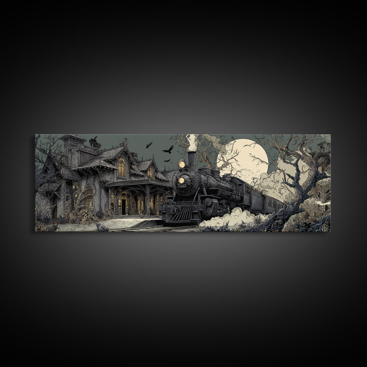 The Abandoned Train Station, Victorian Macabre Art, Extra Wide Wall Art, Dark Halloween Decor, Framed Canvas Print, Halloween Wall Art