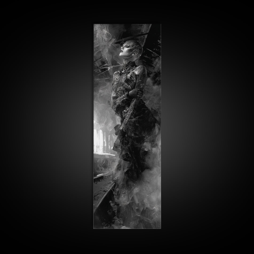The Abandoned Train Station, Biomechanical Horror Art, Tall Narrow Wall Art, Macabre Wall Art, Framed Canvas Print, Halloween Wall Art