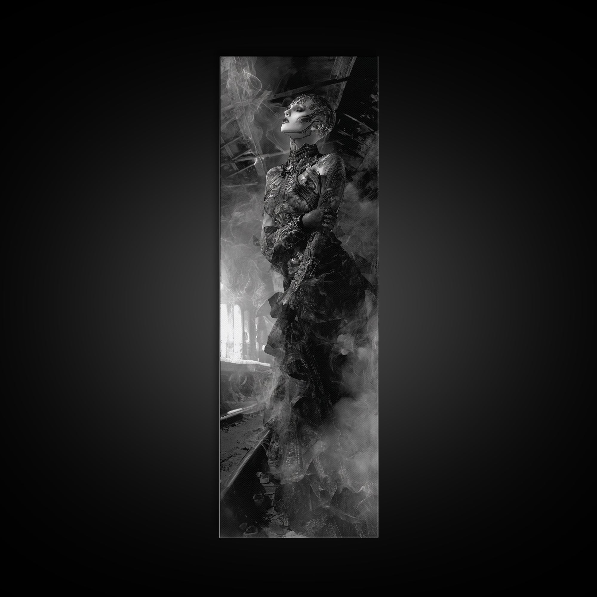 The Abandoned Train Station, Biomechanical Horror Art, Tall Narrow Wall Art, Macabre Wall Art, Framed Canvas Print, Halloween Wall Art