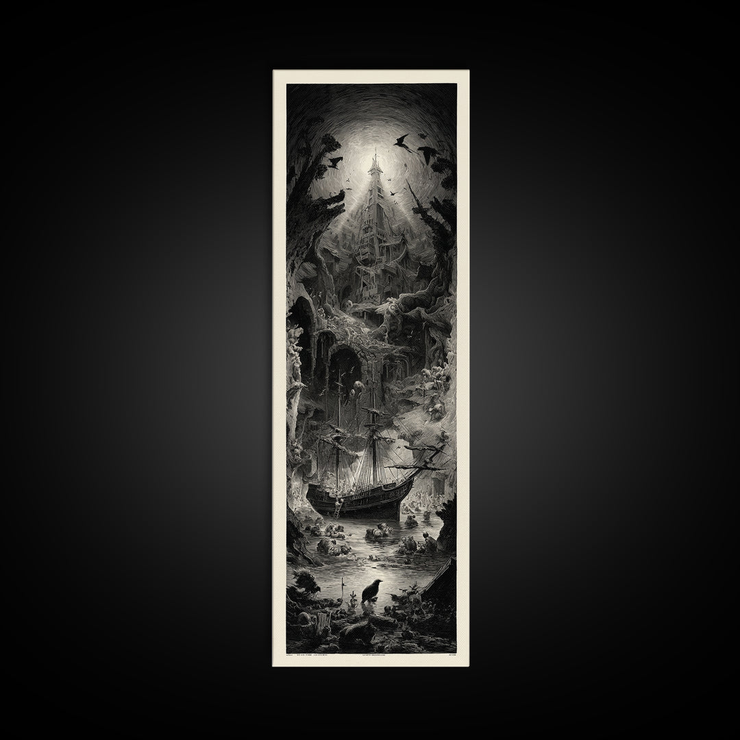The Shipwreck Cove, Gothic Engraving Art, Tall Narrow Wall Art, Dark Fantasy Wall Art, Canvas Print, Halloween Wall Art