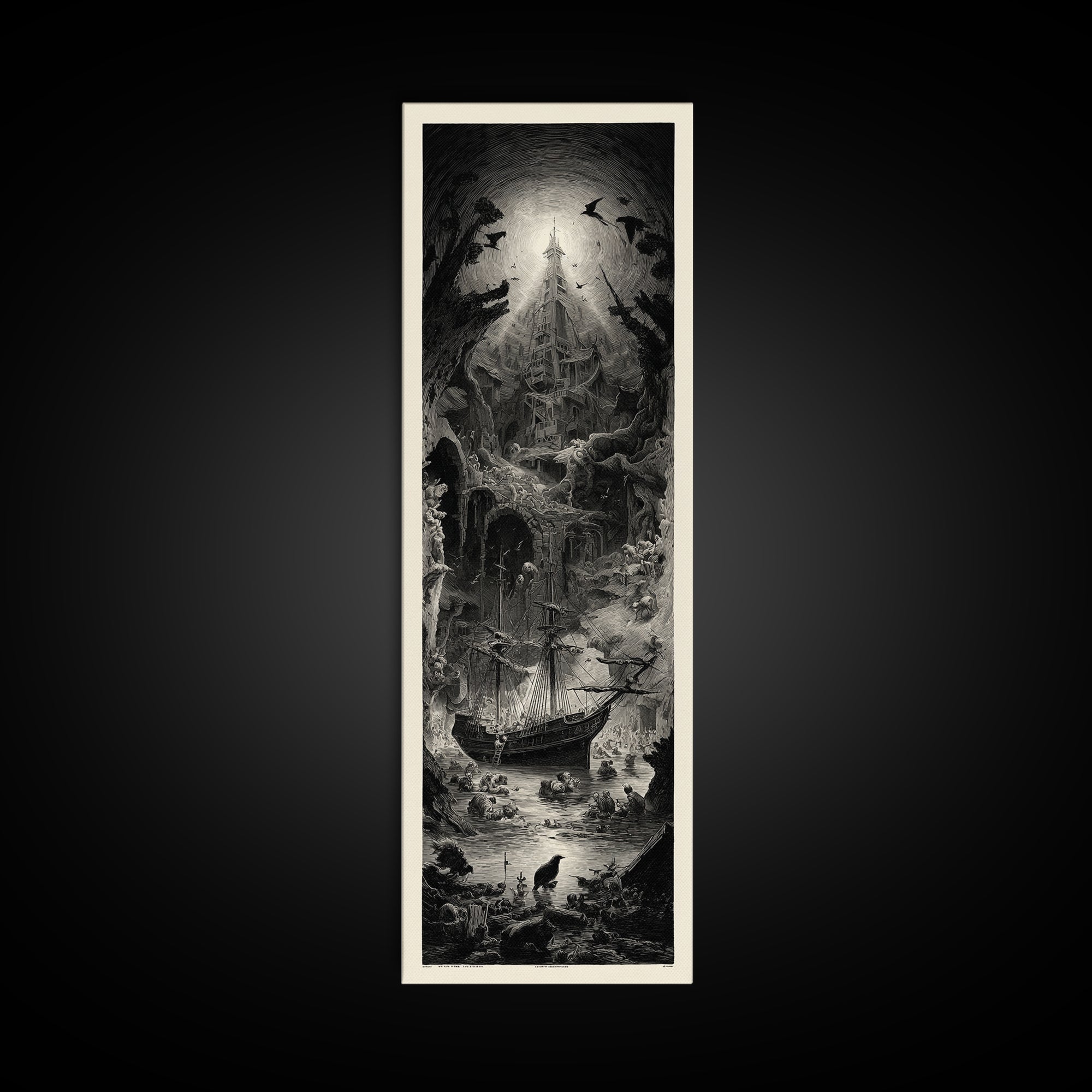 The Shipwreck Cove, Gothic Engraving Art, Tall Narrow Wall Art, Dark Fantasy Wall Art, Canvas Print, Halloween Wall Art