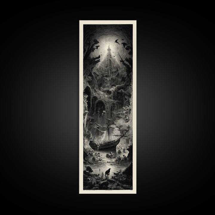 The Shipwreck Cove, Gothic Engraving Art, Tall Narrow Wall Art, Dark Fantasy Wall Art, Canvas Print, Halloween Wall Art