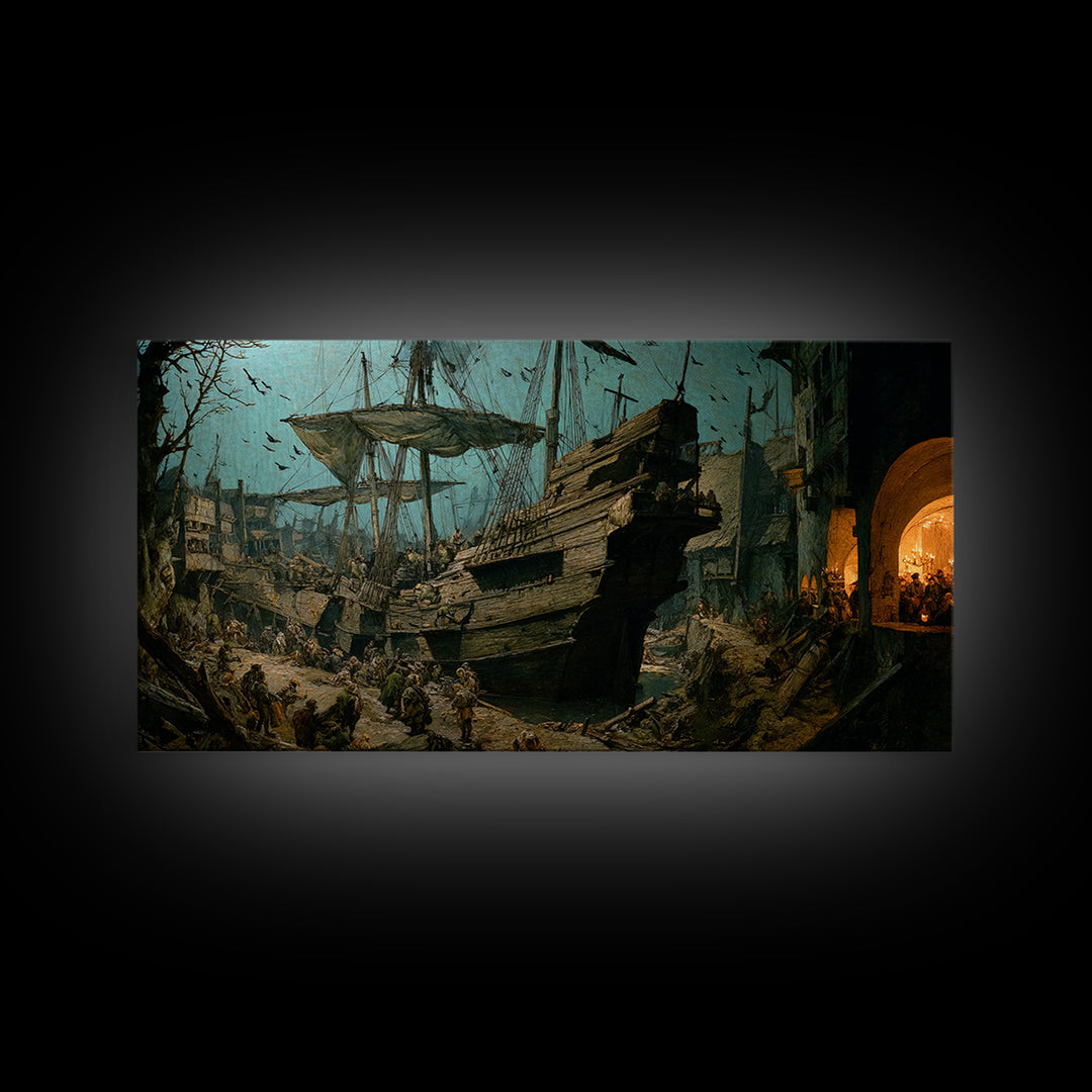 The Shipwreck Cove, Northern Renaissance Horror, Wide Panoramic Art, Dark Halloween Decor, Canvas Print, Halloween Wall Art
