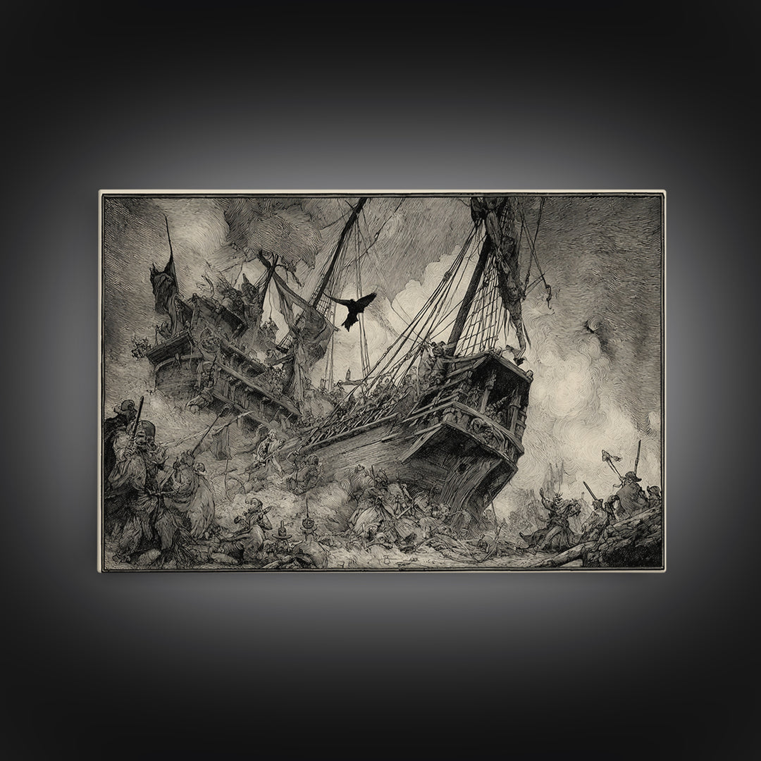 The Shipwreck Cove, Renaissance Engraving Art, Landscape Wall Art, Dark Halloween Decor, Canvas Print, Halloween Wall Art