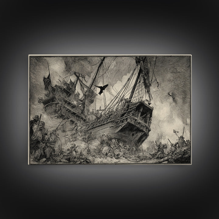 The Shipwreck Cove, Renaissance Engraving Art, Landscape Wall Art, Dark Halloween Decor, Canvas Print, Halloween Wall Art