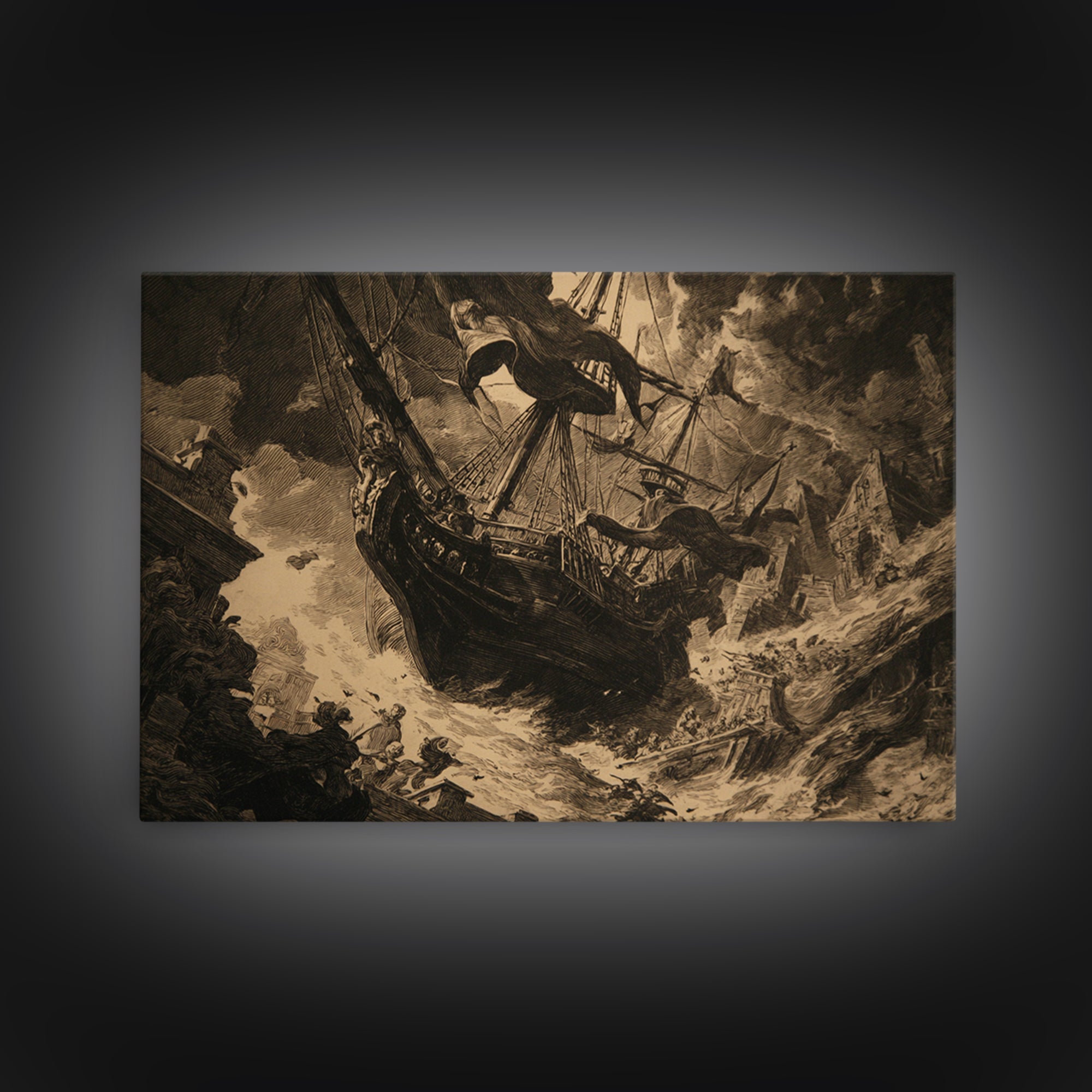 The Shipwreck Cove, Architectural Etching Art, Landscape Wall Art, Dark Halloween Decor, Framed Canvas Print, Macabre Wall Art