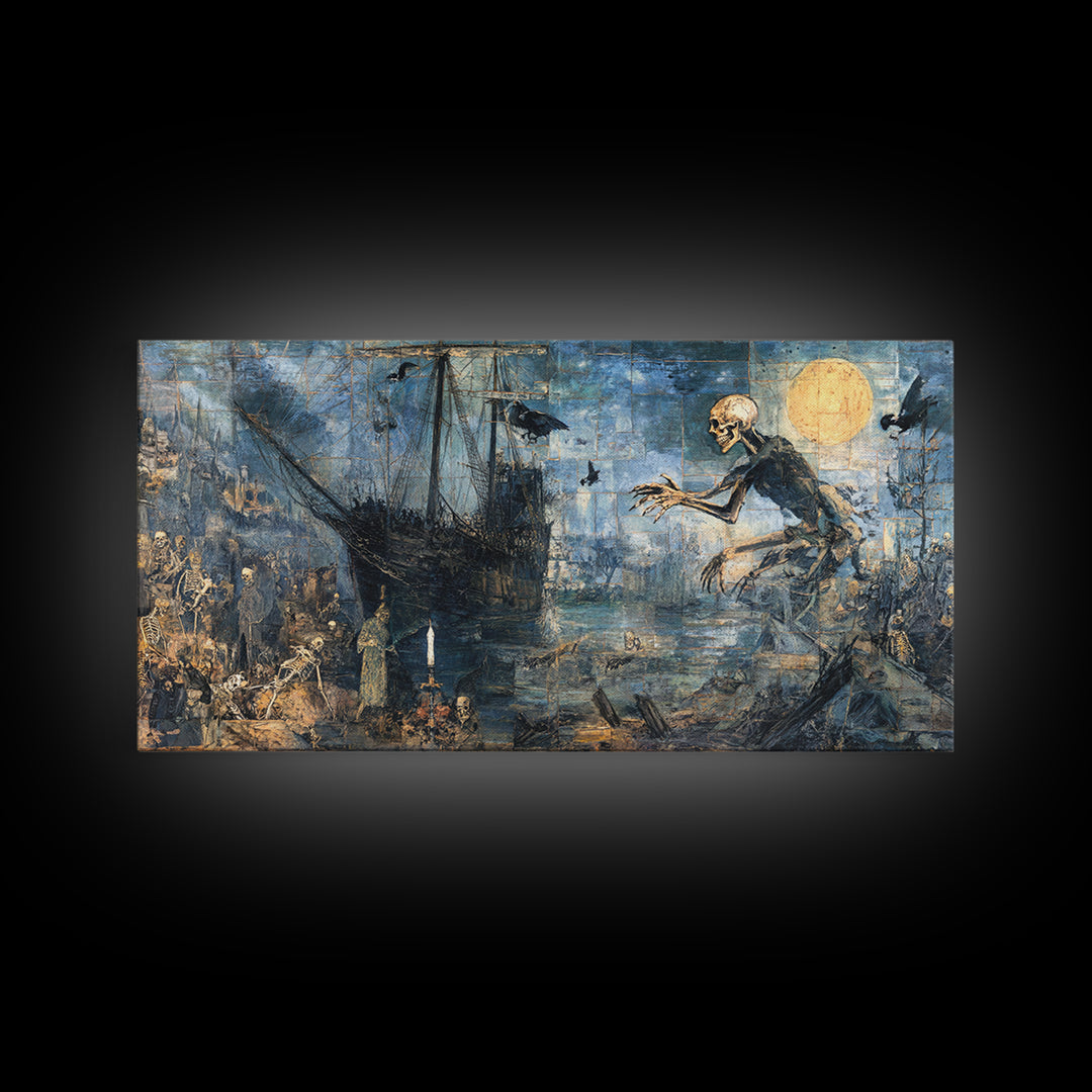 The Shipwreck Cove, Grotesque Carnival Art, Wide Panoramic Art, Dark Fantasy Wall Art, Framed Canvas Print, Halloween Wall Art
