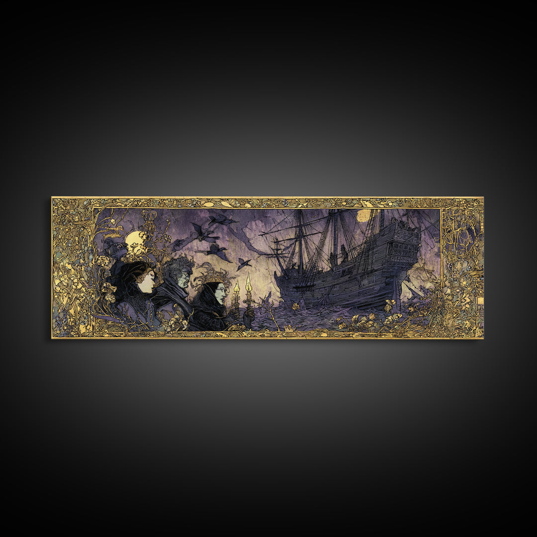The Shipwreck Cove, Stained Glass Gothic Art, Extra Wide Wall Art, Dark Halloween Decor, Canvas Print, Halloween Wall Art