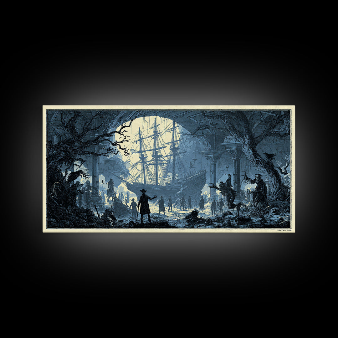 The Shipwreck Cove, Macabre Folk Print Art, Wide Panoramic Art, Macabre Wall Art, Framed Canvas Print, Halloween Wall Art
